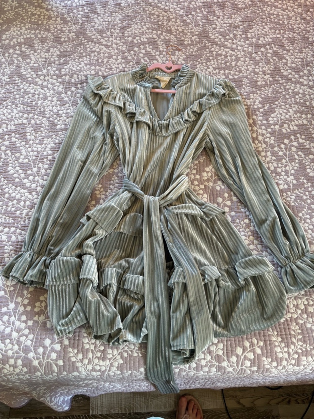 Ruffled Velvet Tie-Waist Dress in Sage Green
